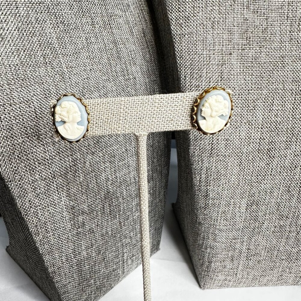 Vintage Gold Tone Blue & White Cameo Screw-back Earrings Mid-Century Modern MCM - Picture 5 of 9